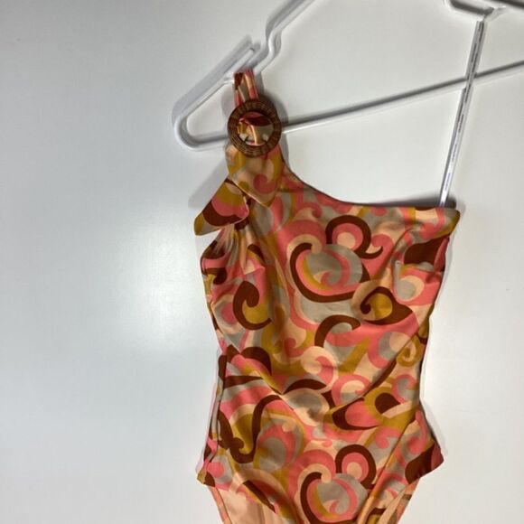 Zimmermann Mae Orange Swirl Print One-Shoulder Buckle Swimsuit NWT Size 4 - Picture 8 of 16